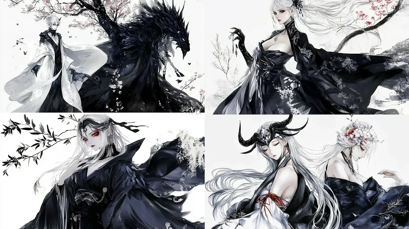Ephemeral Elegance in Monochrome: A Dance of Ink and Blossoms - Midjourney sref style