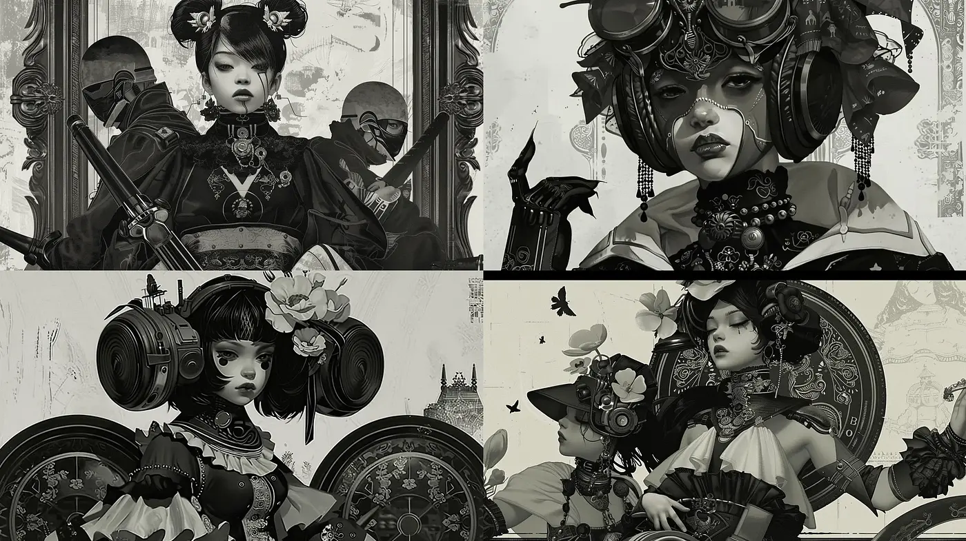 Monochromatic Steampunk Elegance with Neo-Victorian Flair - Midjourney sref style