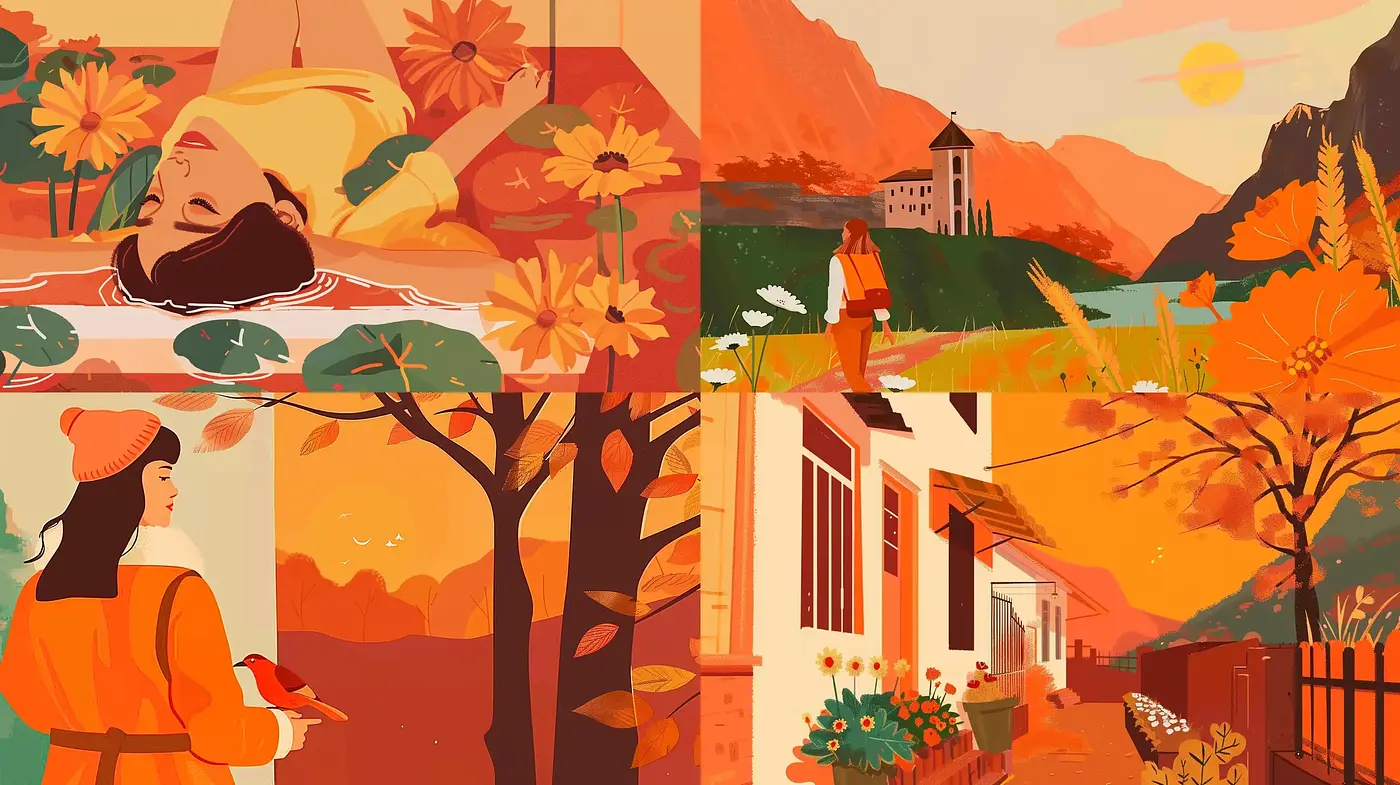 Autumnal Warmth and Harmony: A Consistent Color Story in Illustrative Art - Midjourney sref style
