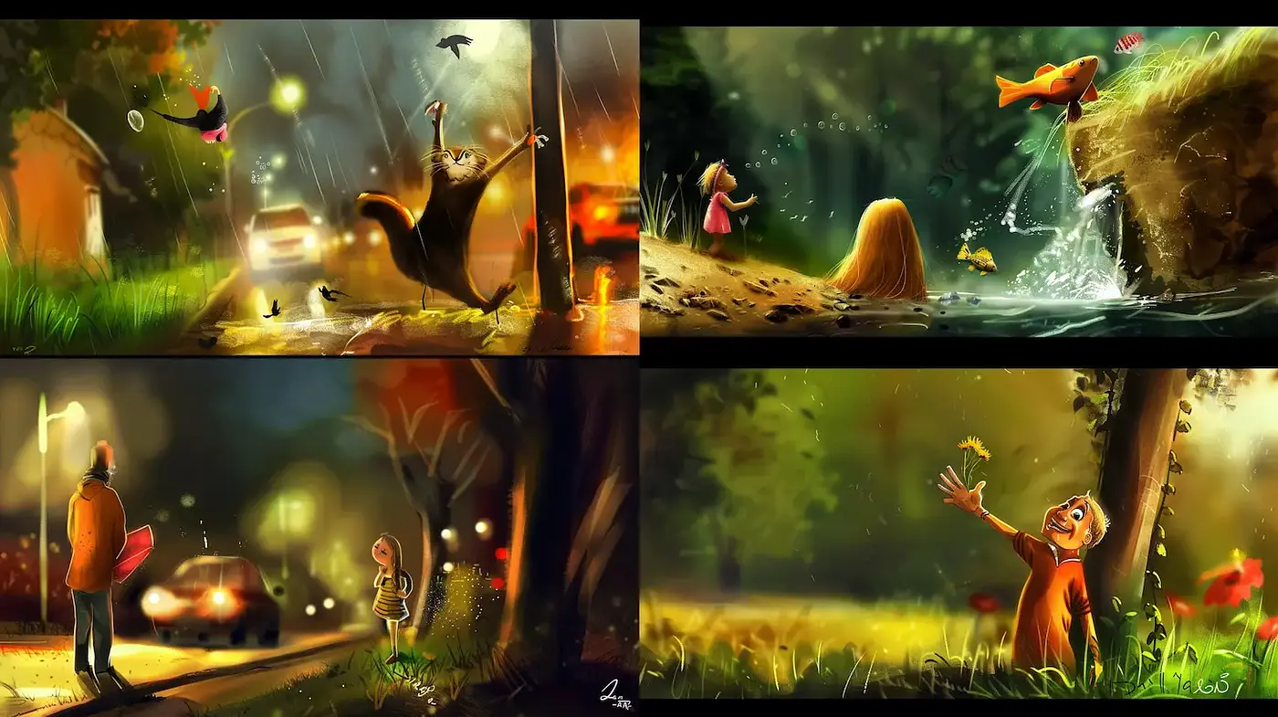Whimsical, Colorful Illustrations with Dynamic Emotional Expressions - Midjourney sref style