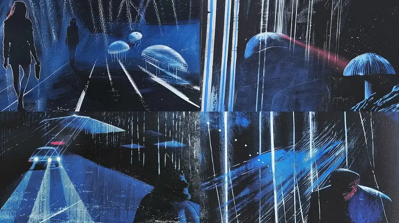 Futuristic noir with ethereal elements - Midjourney sref style