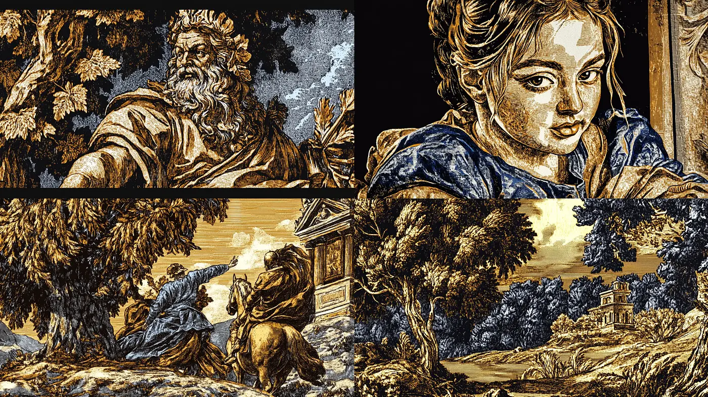 Baroque Tapestry Elegance in Cobalt and Ochre - Midjourney sref style