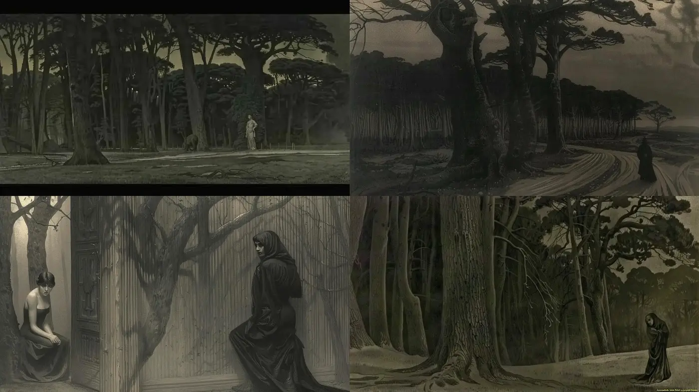 Gothic Reverie in Monochromatic Forest - Midjourney sref style