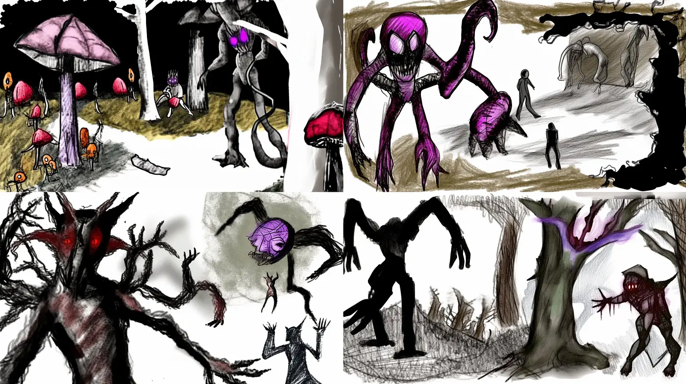 Eerie Sketchbook Tales: A Monochromatic Dance of Shadows and Highlights - Midjourney sref style