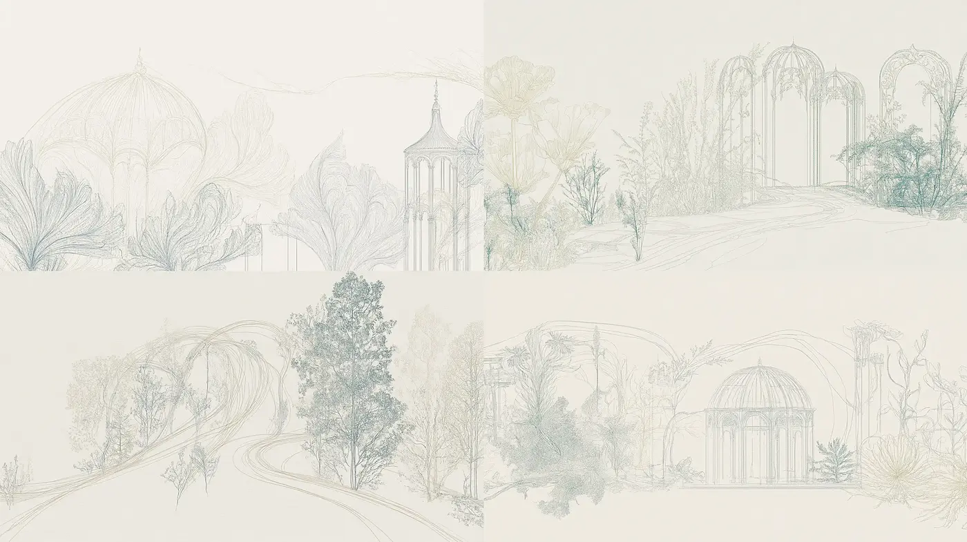 Ethereal Architectural Sketches in Pastel Monochrome - Midjourney sref style