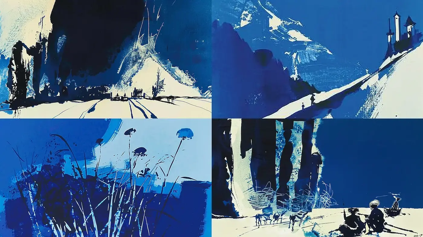Contemporary abstract landscapes with a cohesive blue aesthetic - Midjourney sref style