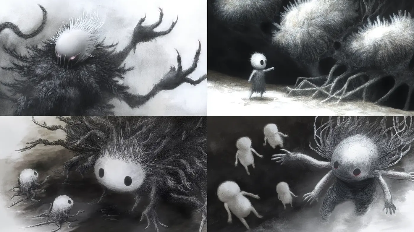 Spectral Monochrome Dreamscape: Ethereal Textures and Surreal Forms - Midjourney sref style