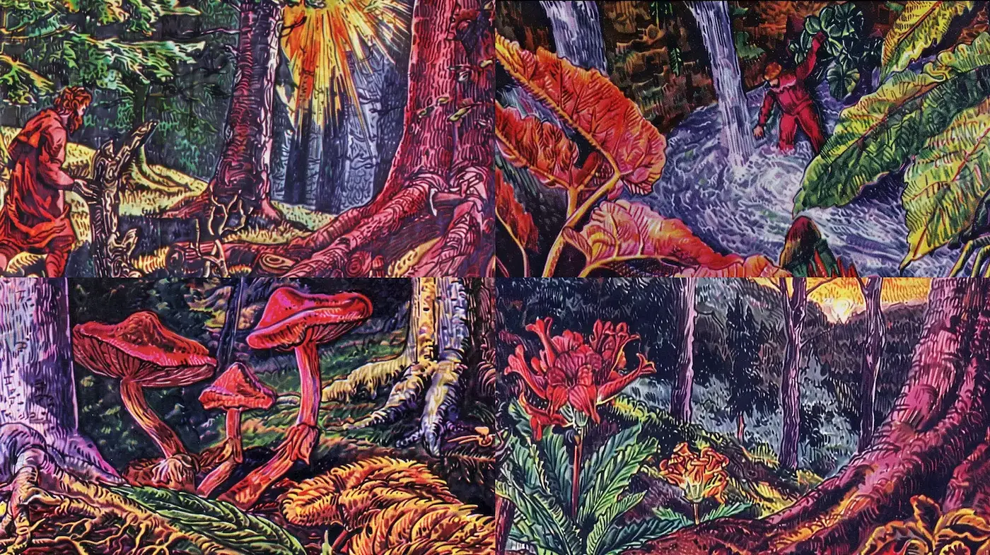 Vividly Textured and Lush Forest Scenes with a Fantastical Flair - Midjourney sref style