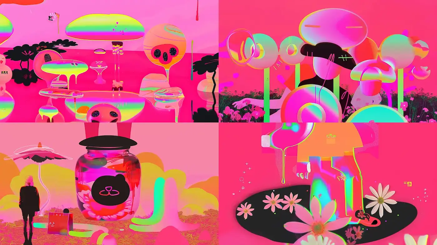 Vibrant surreal landscape infused with whimsical elements - Midjourney sref style