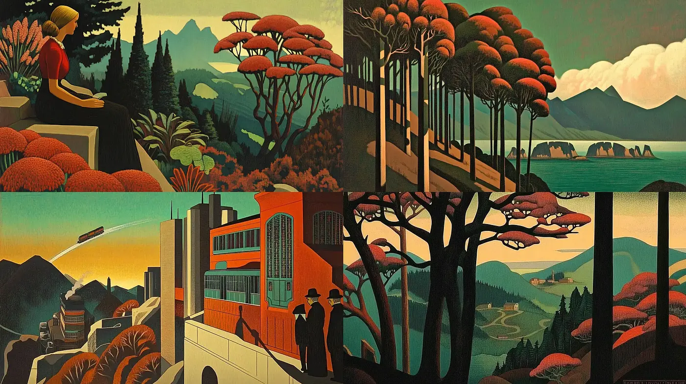 Tranquil Serenity in Stylized Nature: A Harmonious Blend of Art Deco and Post-Impressionism - Midjourney sref style