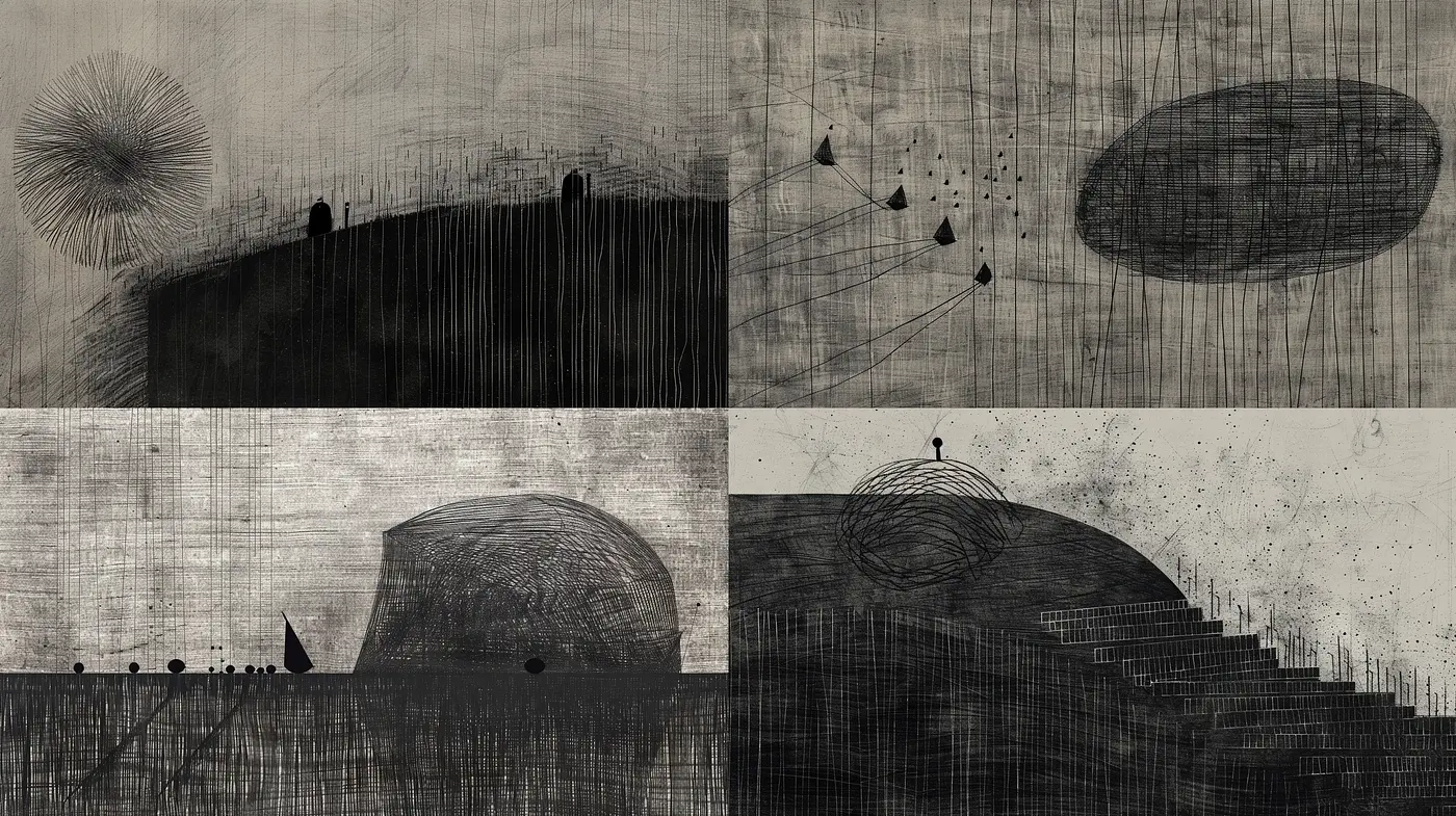 Monochromatic Textured Dreamscape in Grayscale - Midjourney sref style