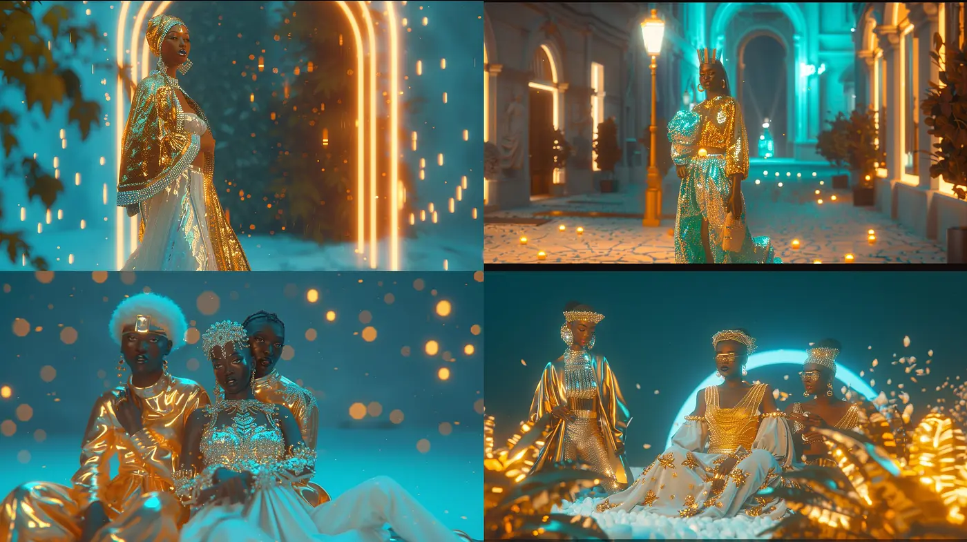 Golden Twilight Reverie: A Luminescent Journey Through Stylized Elegance - Midjourney sref style