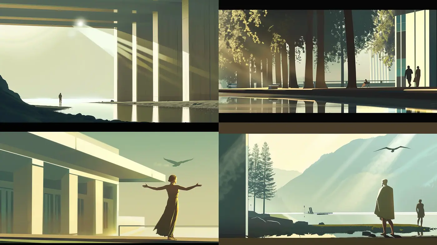 Serene Tranquility in Stylized Nature and Architecture Fusion - Midjourney sref style