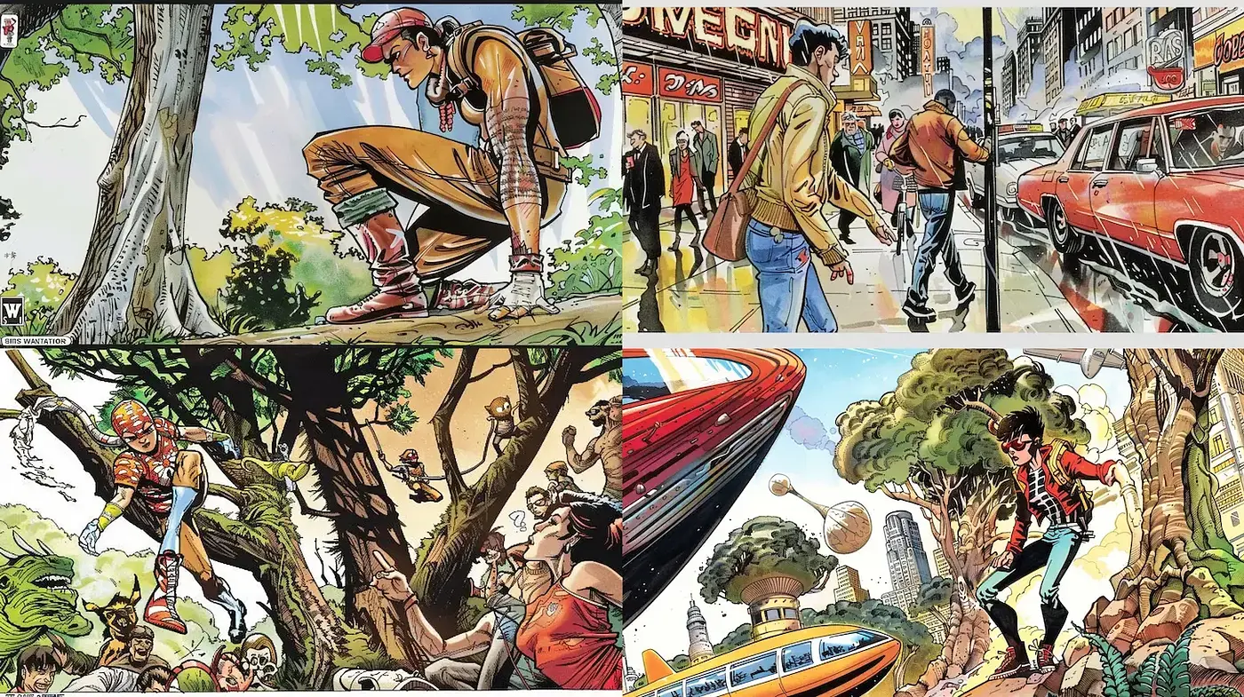 Dynamic and colorful comic-inspired illustrations with an urban touch - Midjourney sref style