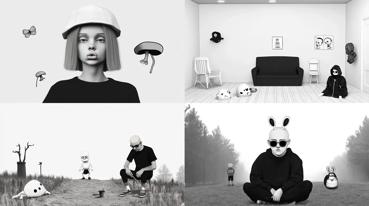 Monochromatic Surrealism with Anthropomorphic Undertones - Midjourney sref style