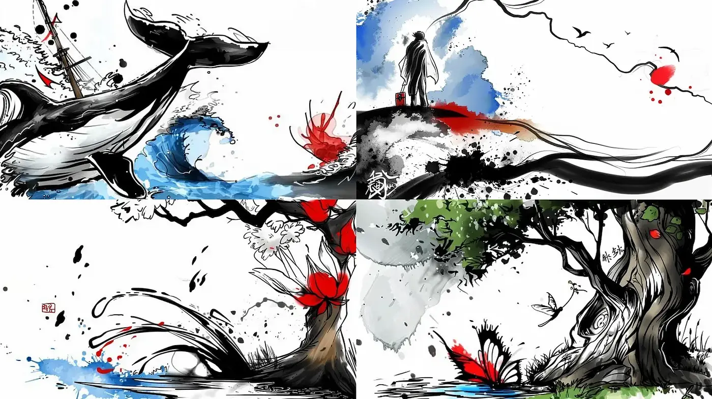 Dynamic and Fluid Expression of Nature with Strong Ink Brush Techniques - Midjourney sref style