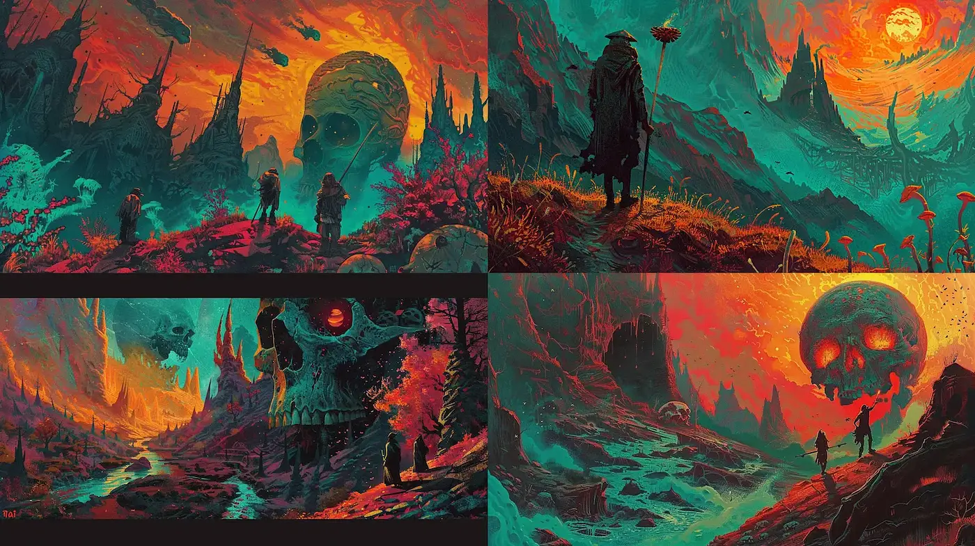 Surreal and Vibrant Landscapes with Dark Fantasy Elements - Midjourney sref style