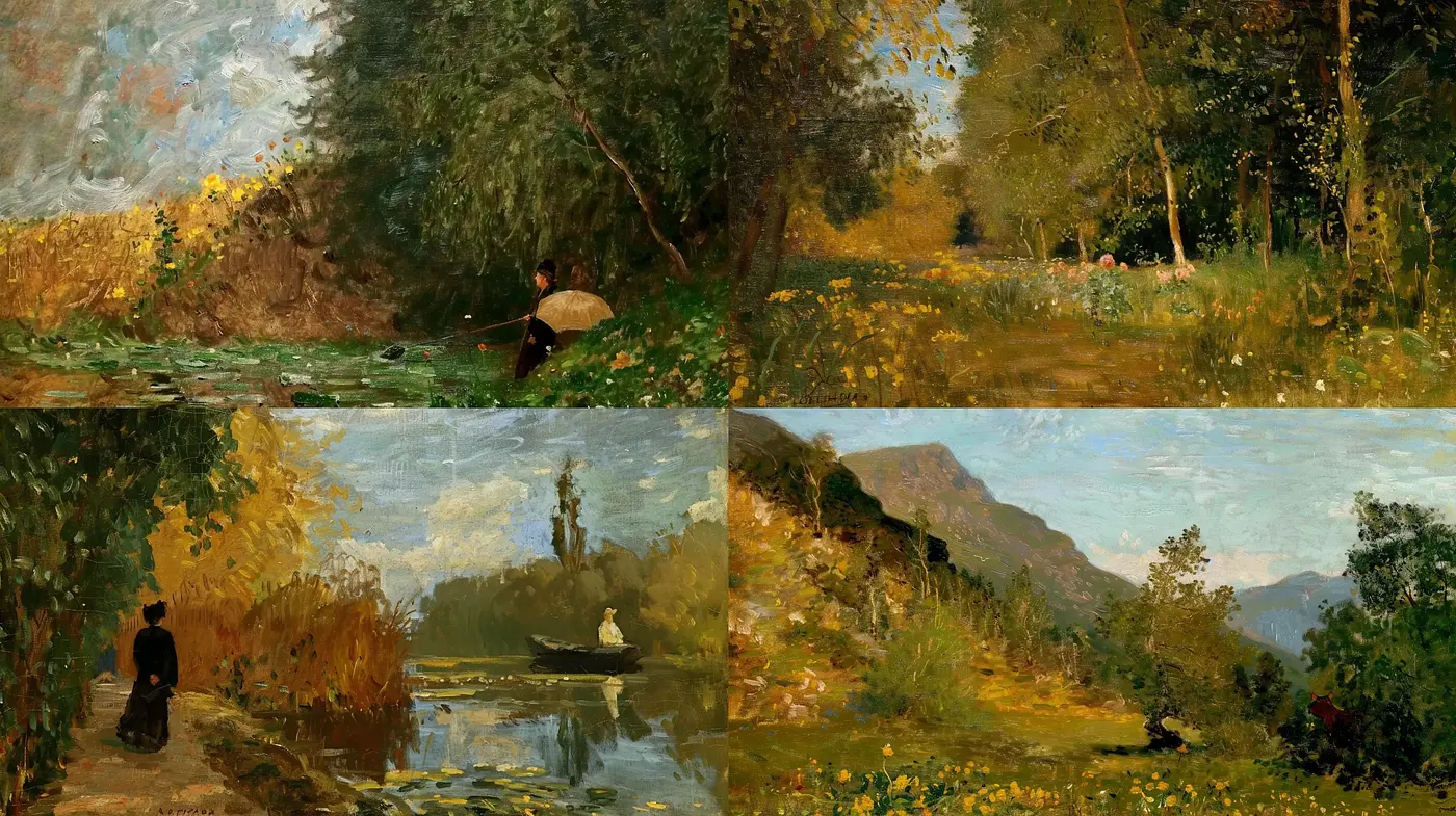 Idyllic Pastoral Landscapes in Lush Brushwork Technique - Midjourney sref style