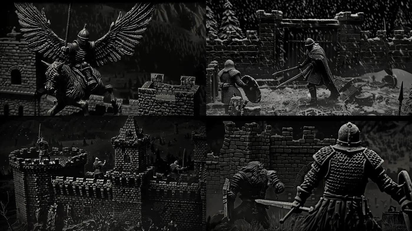 Monochromatic Medieval Enigma: A Dark Age Tale Rendered in Grayscale - Midjourney sref style