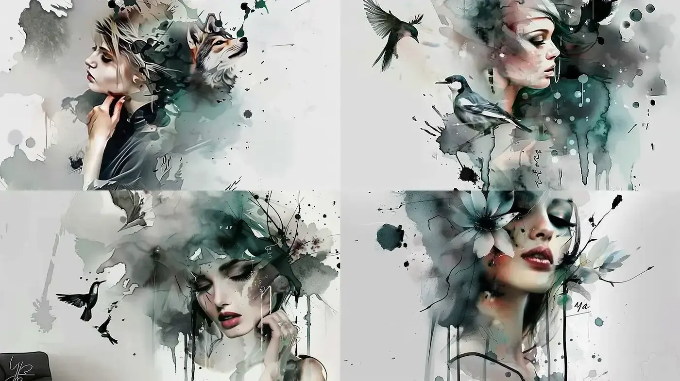 Whimsical Elegance in Contemporary Watercolor Portraiture - Midjourney sref style