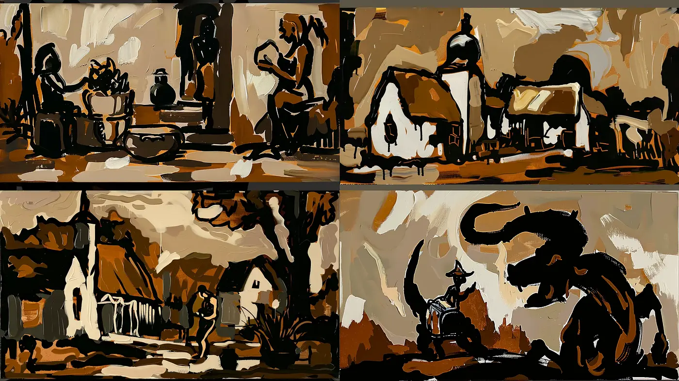 Rustic Brushwork Harmony: A Study in Sepia Tones - Midjourney sref style