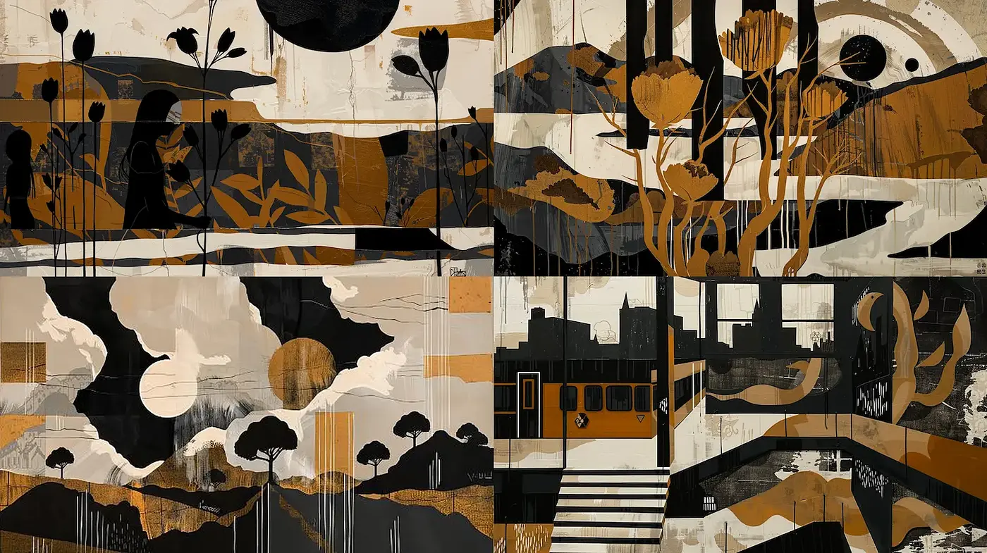 Intricate Fusion of Organic and Geometric Elements in a Contemporary Graphic Style - Midjourney sref style