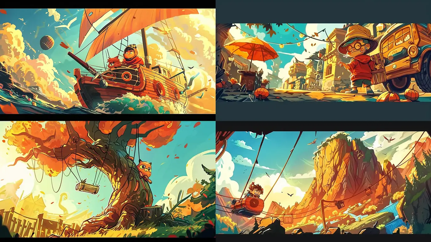 Vibrant Storybook Adventures in Stylized Color-Drenched Scenes - Midjourney sref style