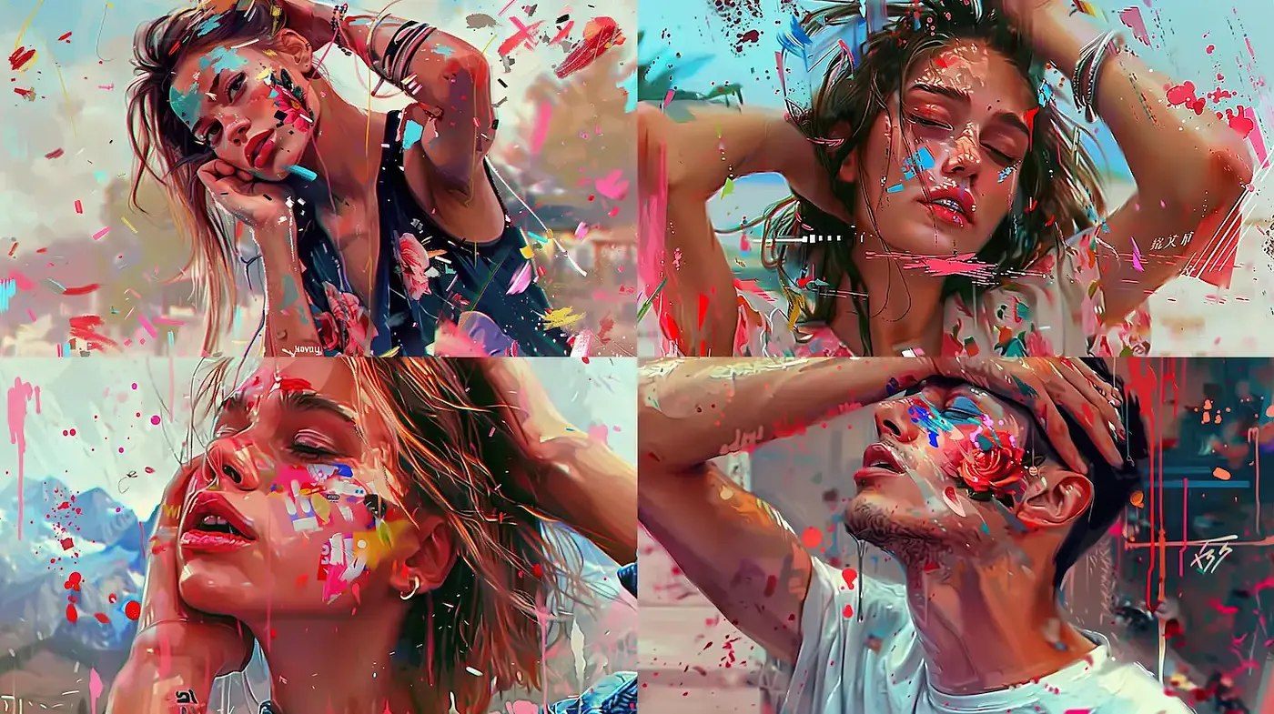 Expressive portraits with vibrant abstract elements and a contemporary artistic flair - Midjourney sref style