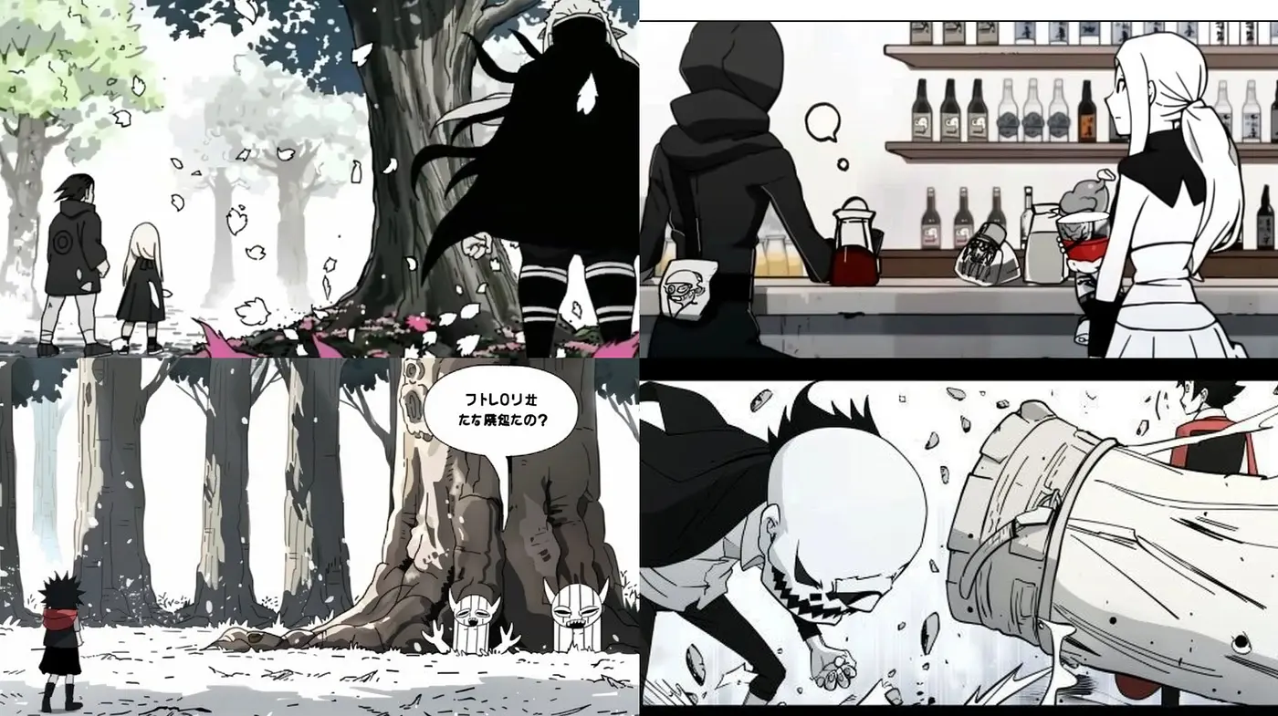 Monochrome with Red Accent: A Consistent Style Across Varied Manga-Inspired Scenes - Midjourney sref style