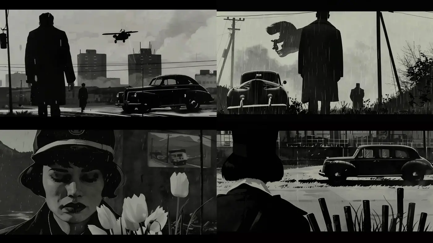 Noir-Inspired Monochromatic Cinematic Expression - Midjourney sref style