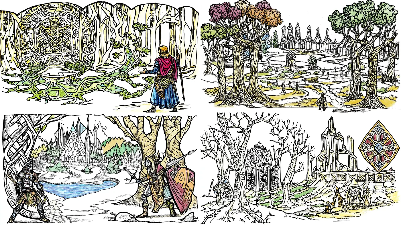Enchanted Inkwork Fantasy: A Vivid Union of Nature and Chivalry - Midjourney sref style
