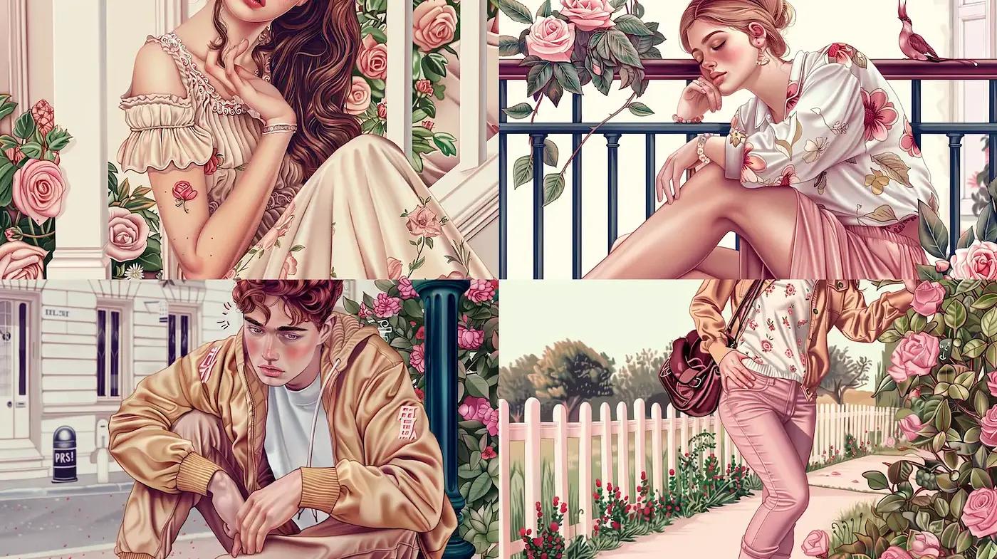 Romantic Illustrations with Floral Aesthetics and Soft Color Palette - Midjourney sref style