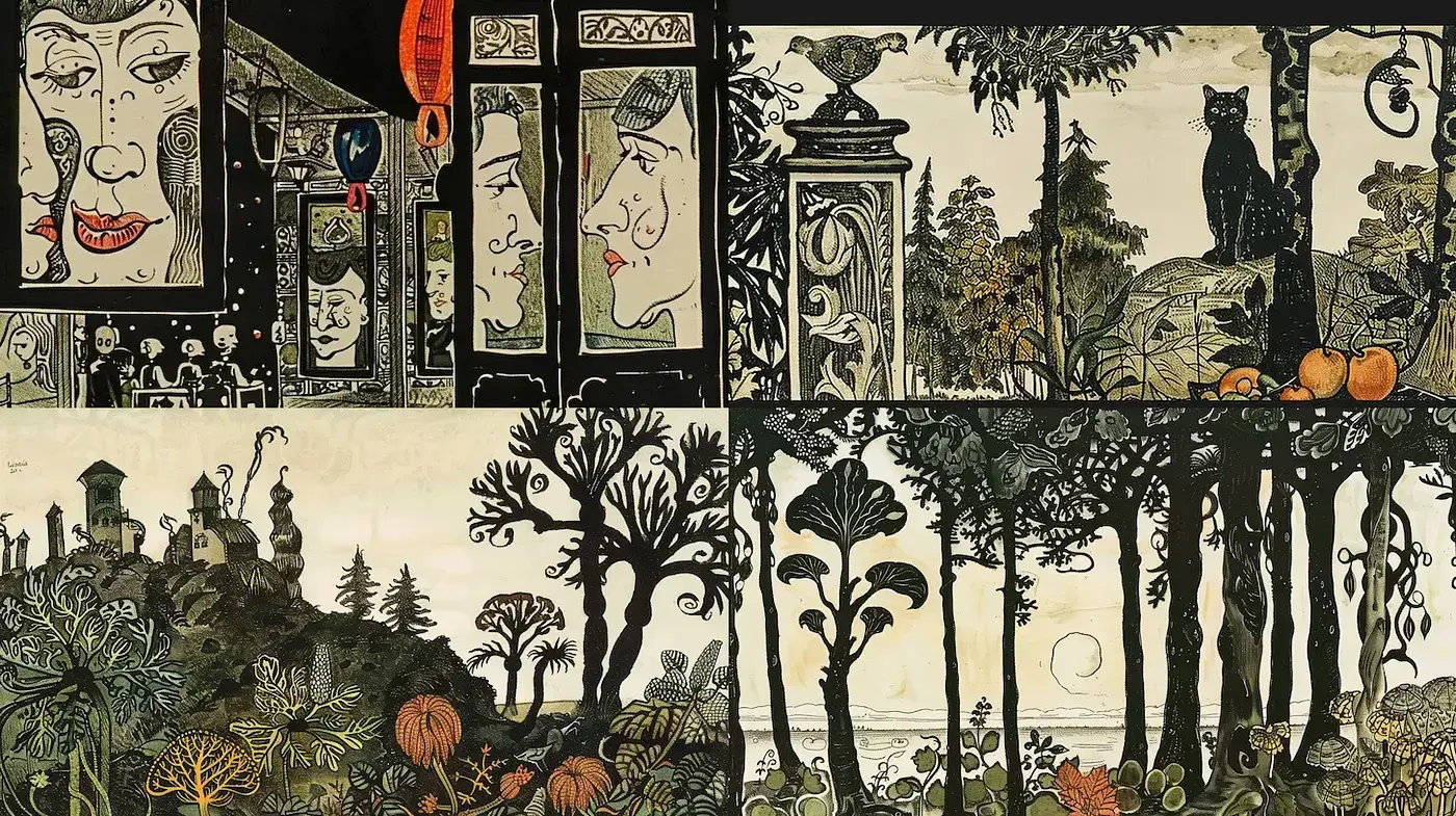 Whimsical and Evocative Illustrated Scenes with a Mystical Atmosphere - Midjourney sref style