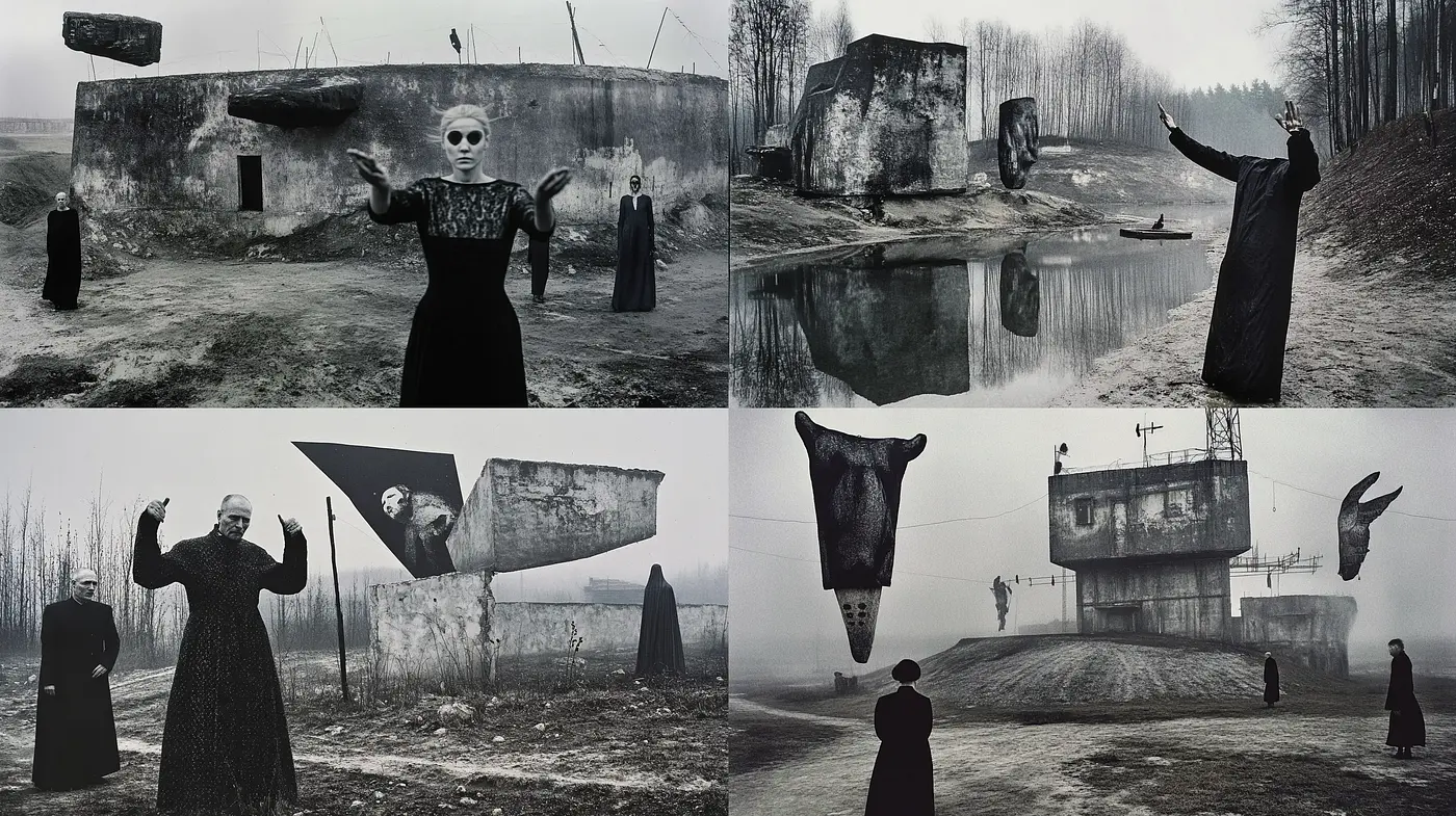 Mystic Desolation and Surrealist Echoes in Monochrome Harmony - Midjourney sref style