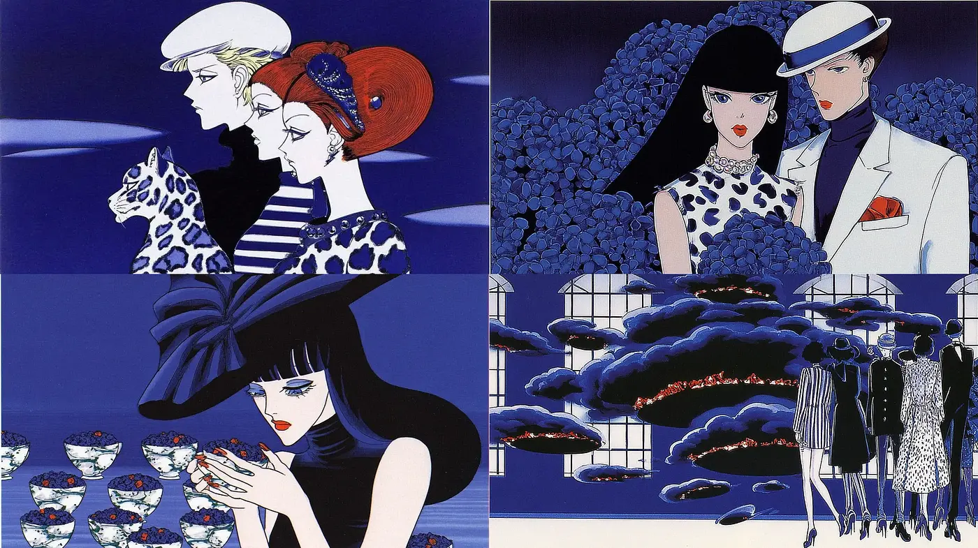 Stylized Elegance with a Touch of Surrealism in Vibrant Blues - Midjourney sref style
