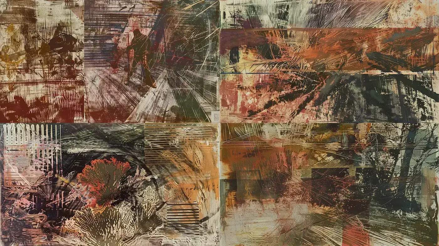 Dynamic Abstract Composition with Rich Textural Layers - Midjourney sref style