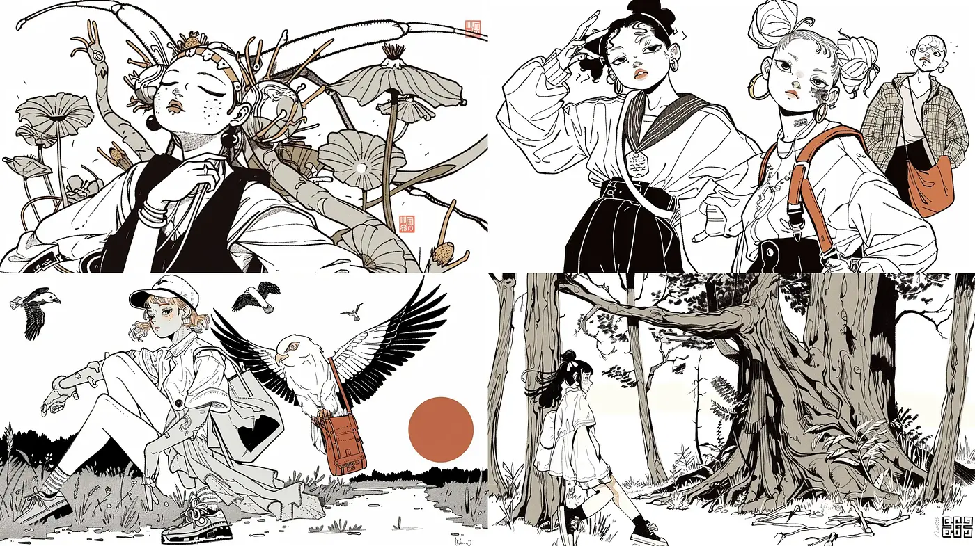 Monochromatic Oriental Elegance with Splashes of Vermilion - Midjourney sref style