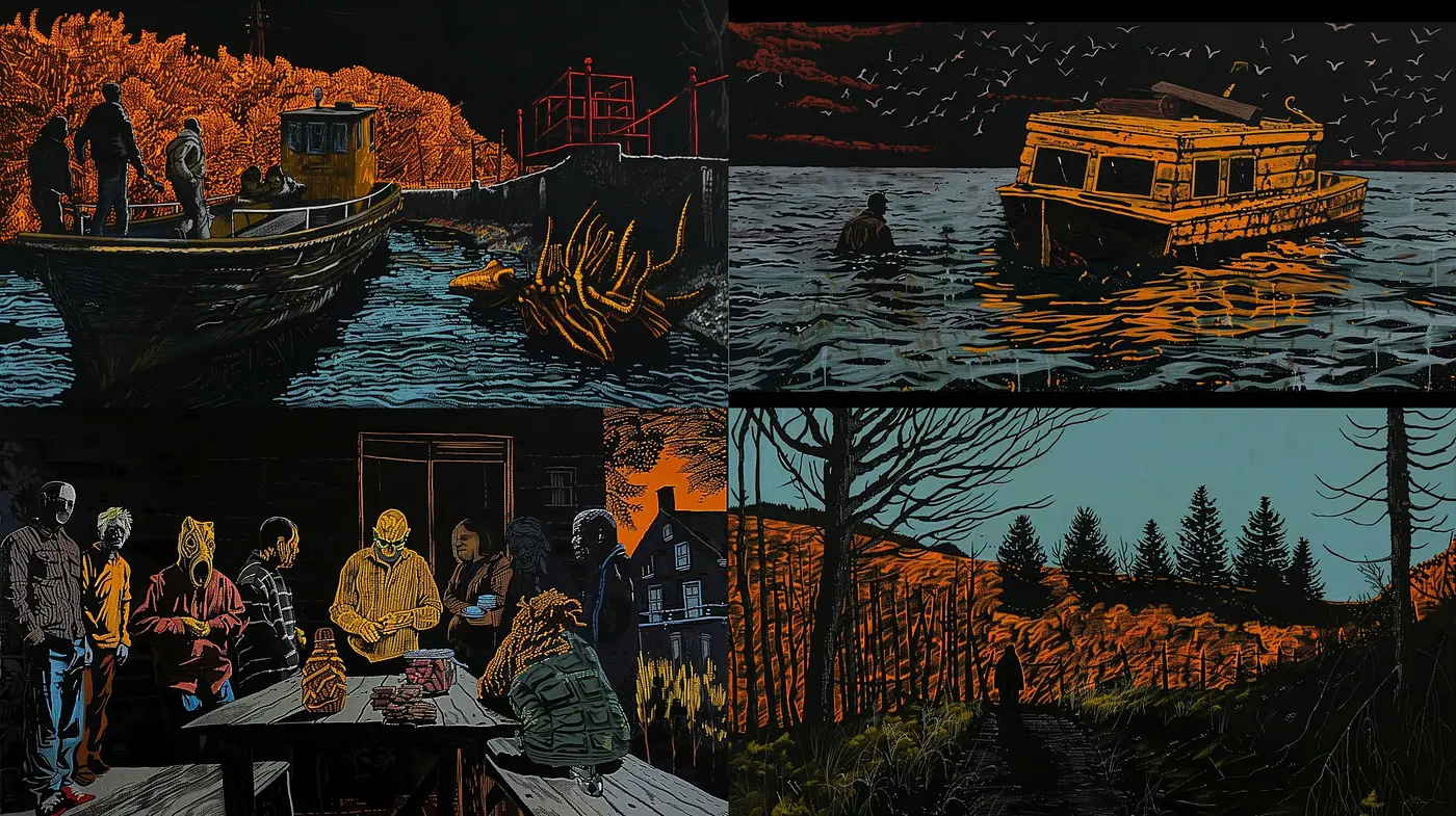 Luminous Contrasts and Silhouetted Vitality in Graphic Storytelling - Midjourney sref style