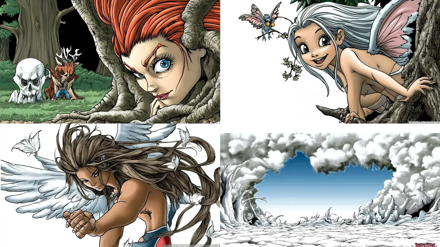 Ethereal Fantasy with Vibrant Earth Tones and Detailed Ink Work - Midjourney sref style