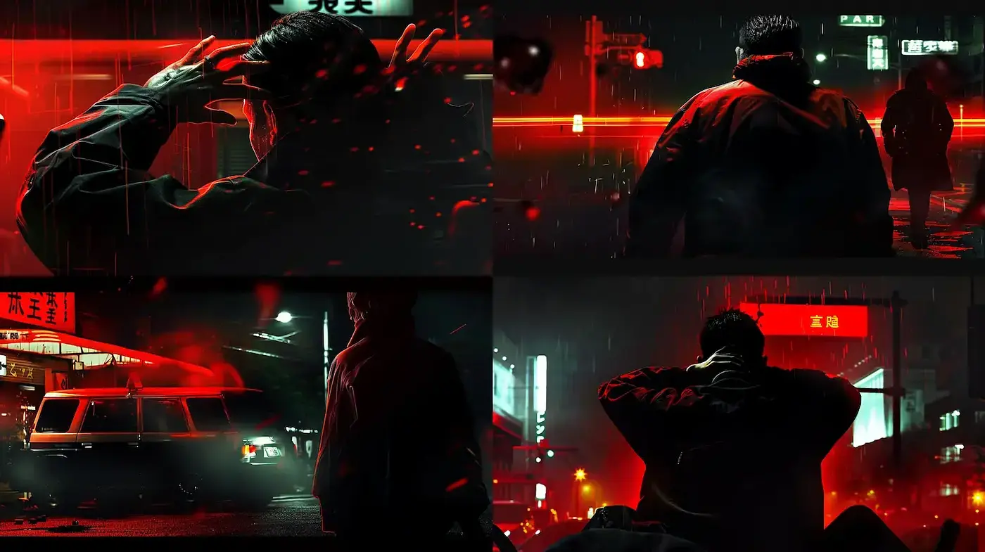 Neon-Noir Cinematic Gestures in Red Saturation - Midjourney sref style