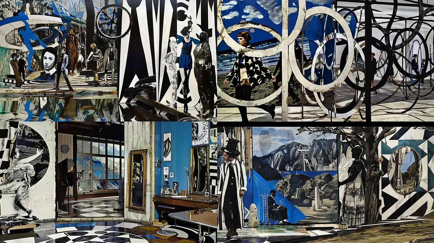 Surrealistic Fusion of Geometric Forms and Cinematic Tableaus - Midjourney sref style
