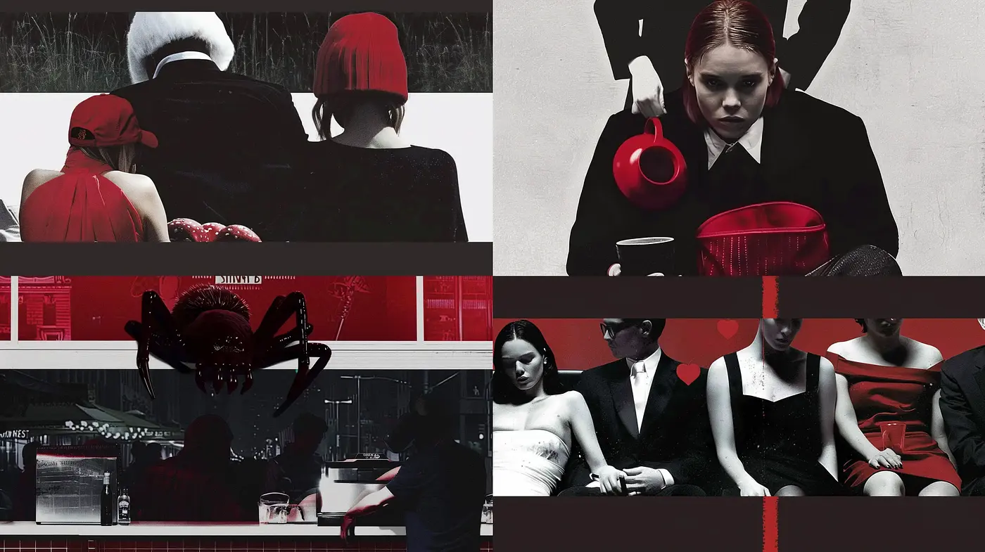 Monochromatic Red and Black with a Cinematic Suspense Influence - Midjourney sref style