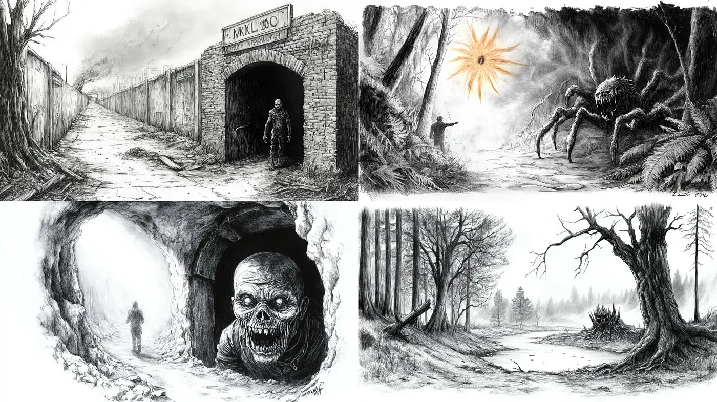 Eerie Monochromatic Vistas: A Fusion of Surrealism and Gothic Sensibilities - Midjourney sref style