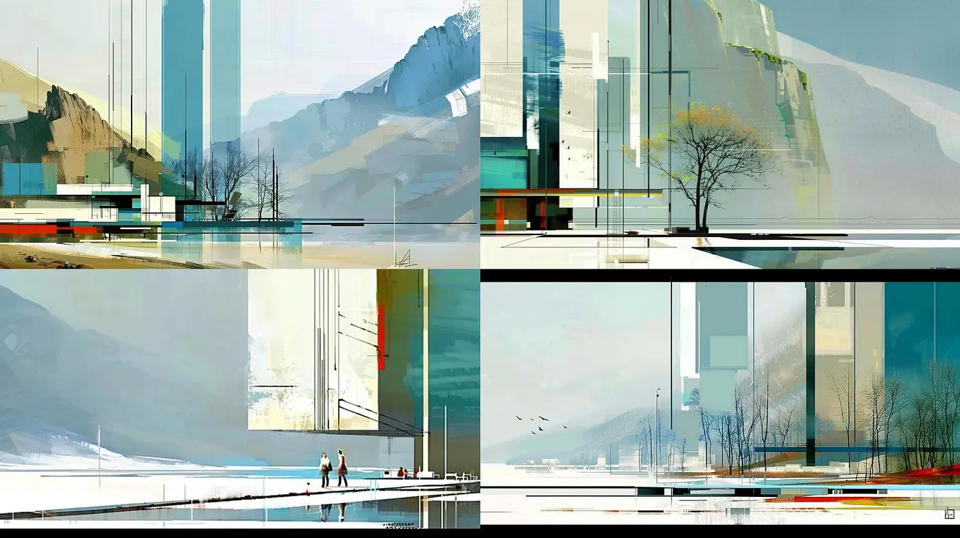 Contemporary Geometric Panorama with Softened Natural Elements - Midjourney sref style