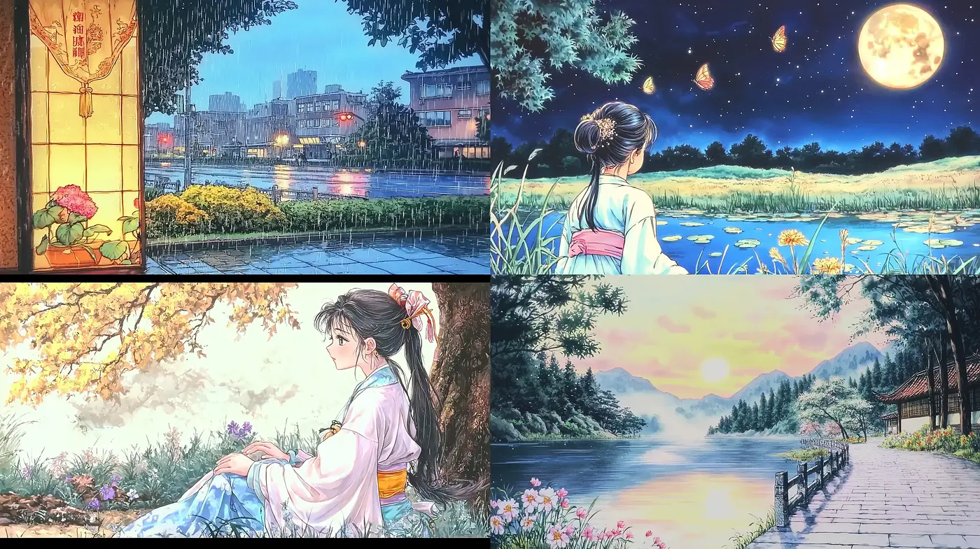Serene Twilight Ambiance in Traditional Asian Art Style - Midjourney sref style