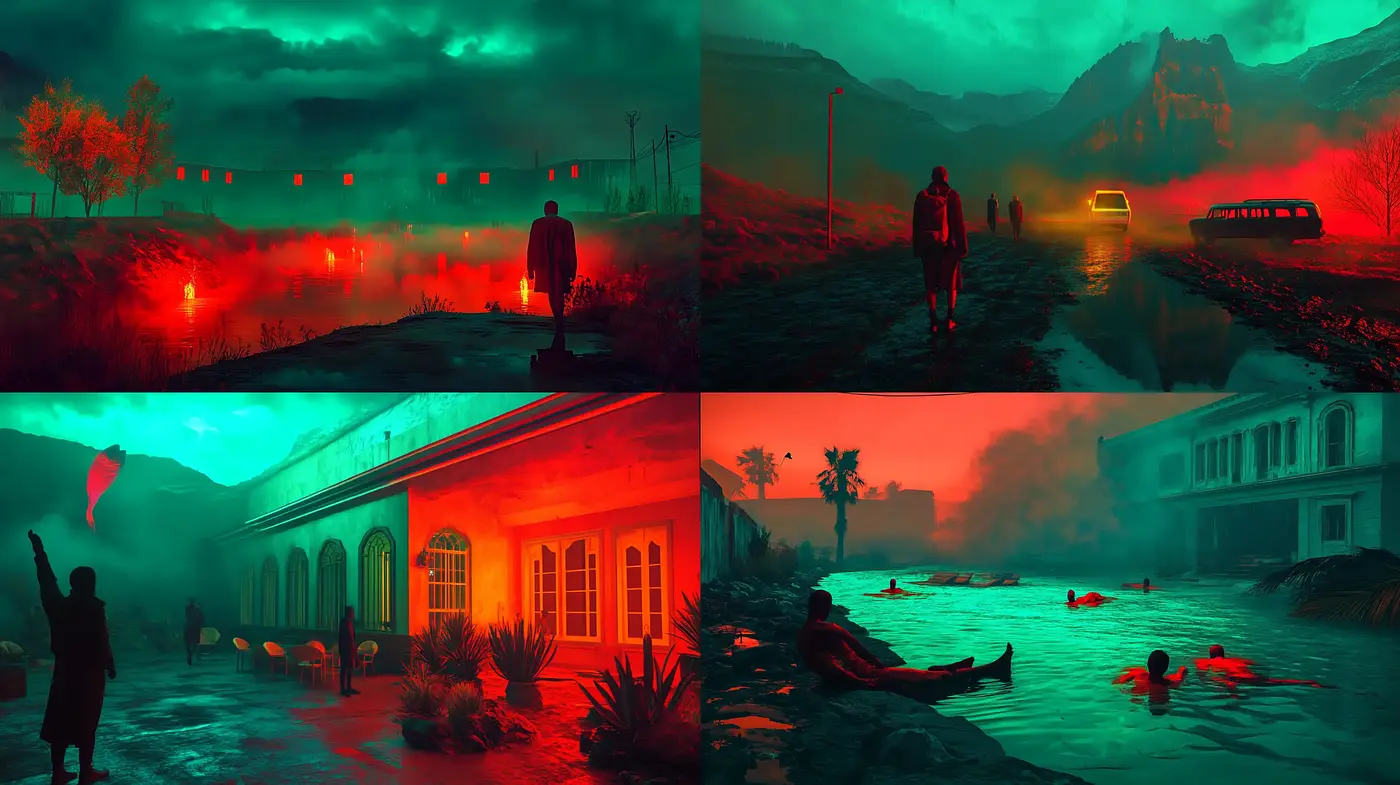 Eerie Red Twilight: A Consistent Vision Across Surreal Landscapes - Midjourney sref style