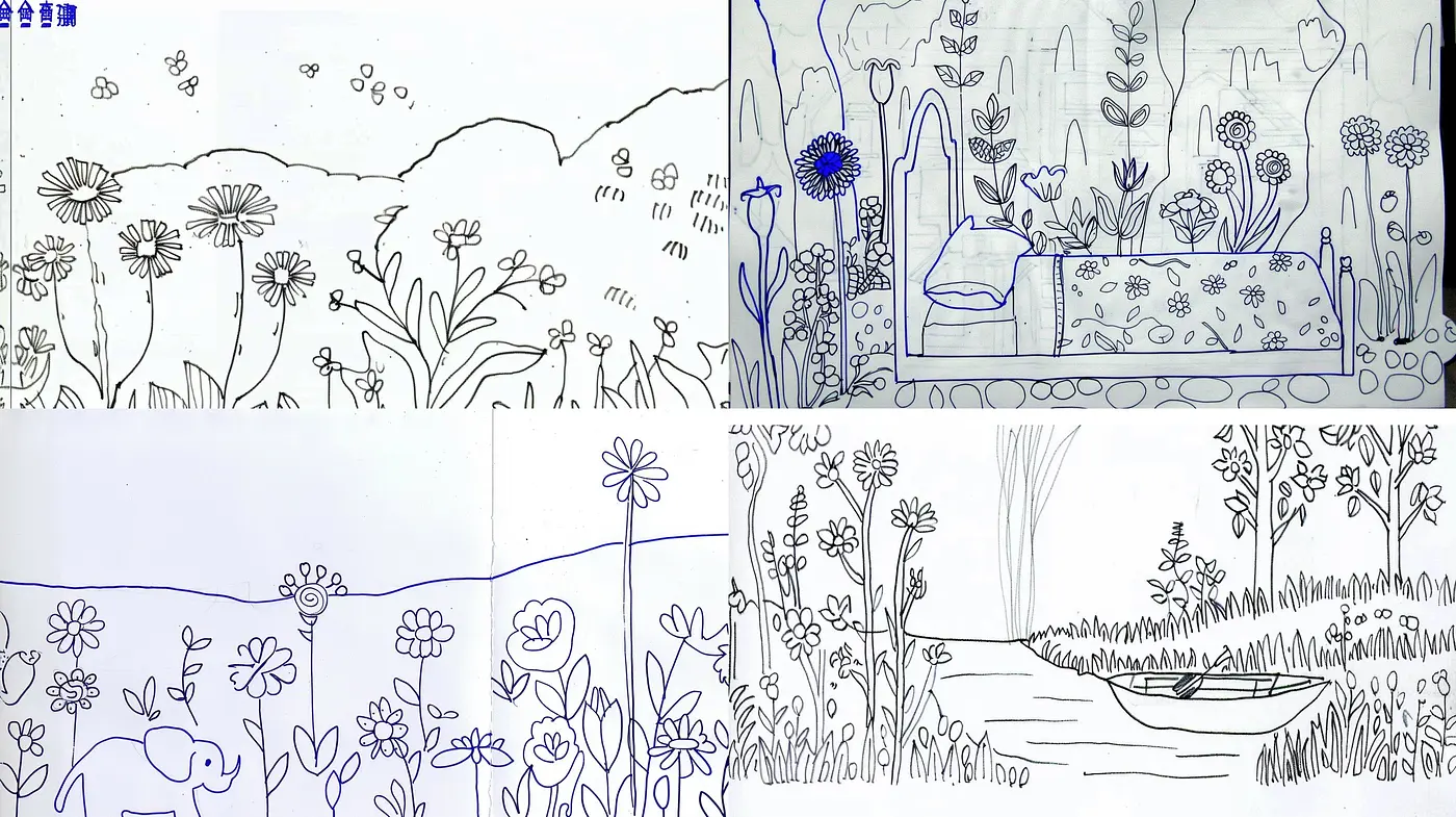 Sketchbook Garden: A Harmonious Blend of Floral Line Art and Monochrome Blue - Midjourney sref style