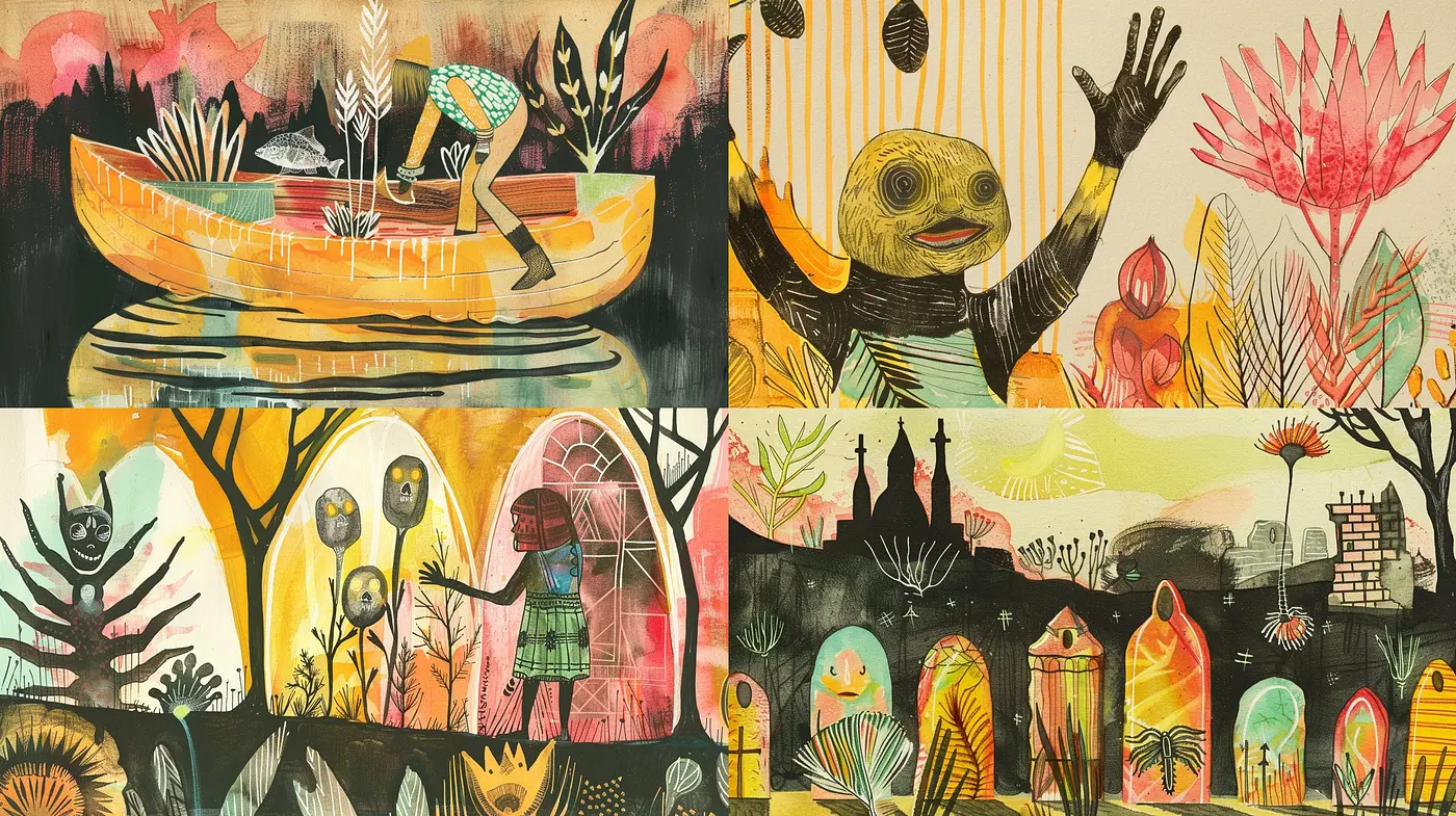 Whimsical Storybook Fusion with Organic Elements and Surreal Textures - Midjourney sref style