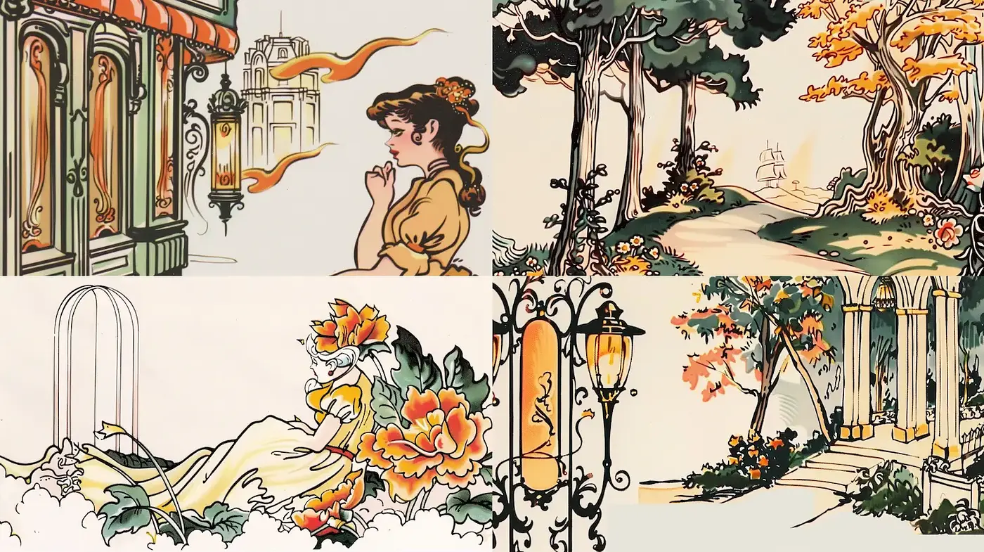 Whimsical Vintage Illustration with Nature and Floral Elements - Midjourney sref style
