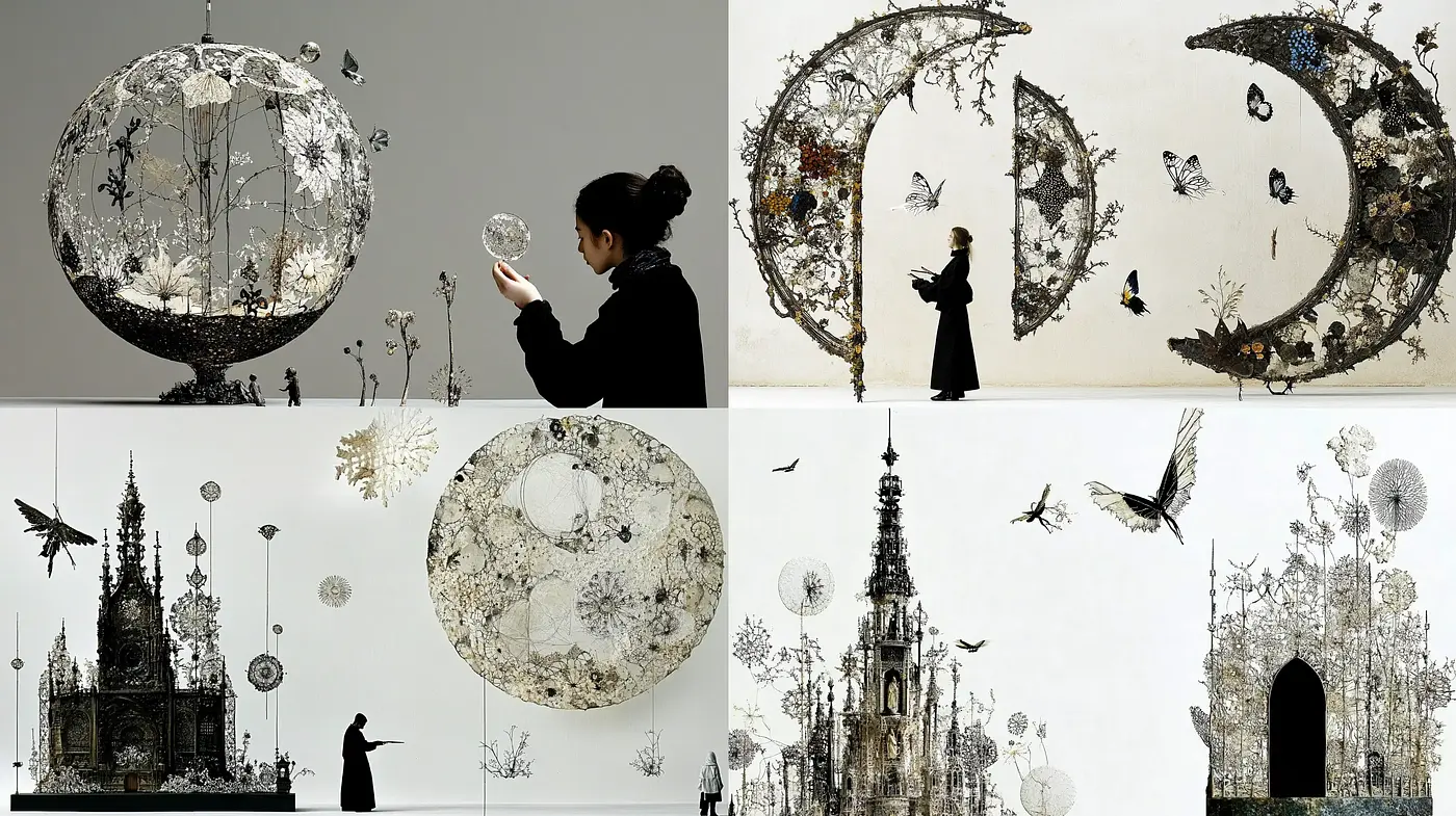Silhouetted Monochrome Dreamscapes with Surrealist Overtones - Midjourney sref style